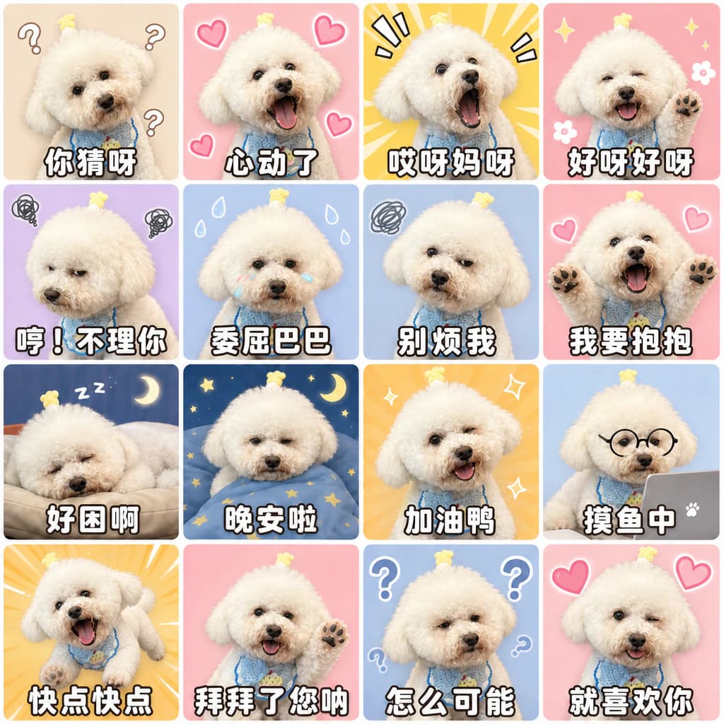 比熊犬马内的 16 张夸张情绪微信表情包成品