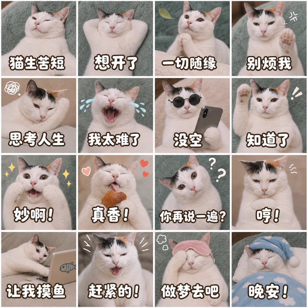 猫咪梅西的 16 张搞笑抽象微信表情包成品